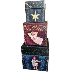 Vtg BOB'S BOXES Primitive Colors Nativity 3 Folk Art NESTING BOXES Angel, Dove